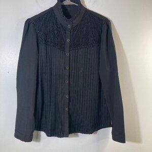 Womens Dark‎ Academia Pleated Button Shirt Ruffle Neck Lace Cut Out L Black